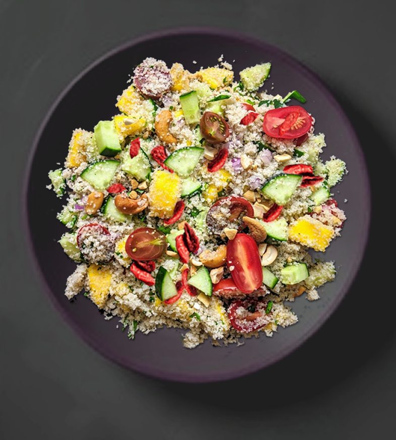 Rich Fonio Salad with Mango, Goji and Cashews. Vegan, Gluten-Free Recipe